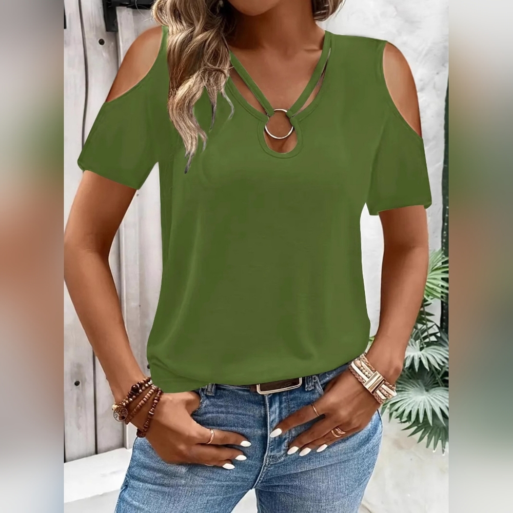 Olive Cold Shoulder Tee with Ring Detail - Picture 2 of 7